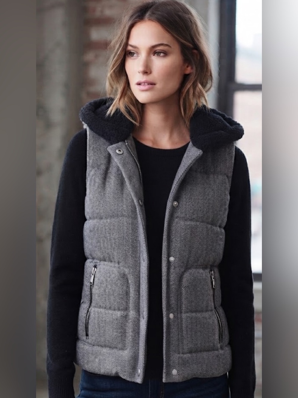B’s Closet Wool Blend Herringbone Puffer Vest Removable Hood Gray Size L